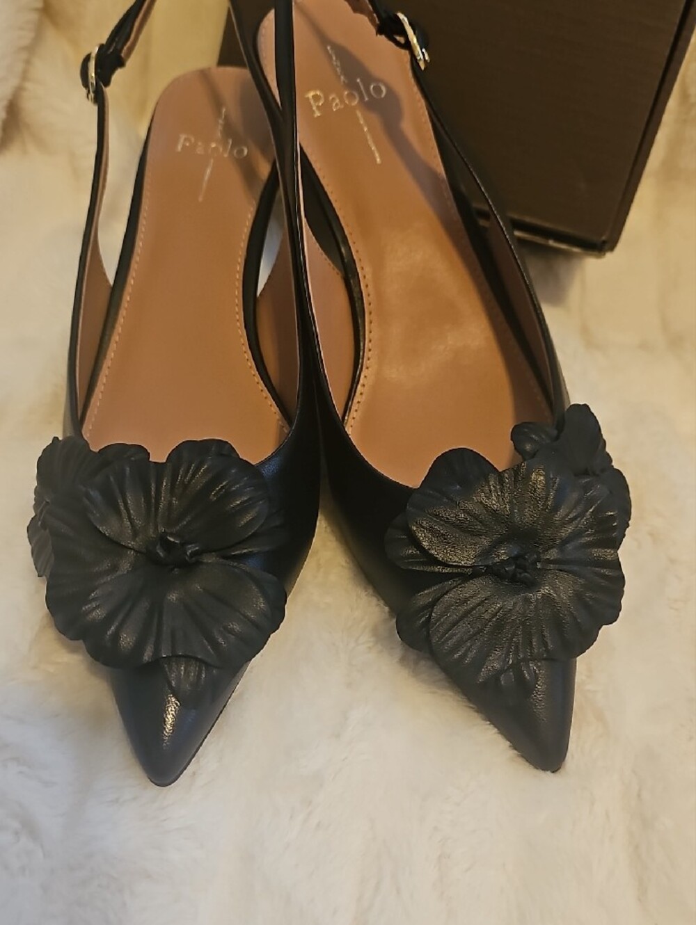 Paolo Black Leather Slingback Pointed Toe Heels with Floral Appliqué - Picture 4 of 9